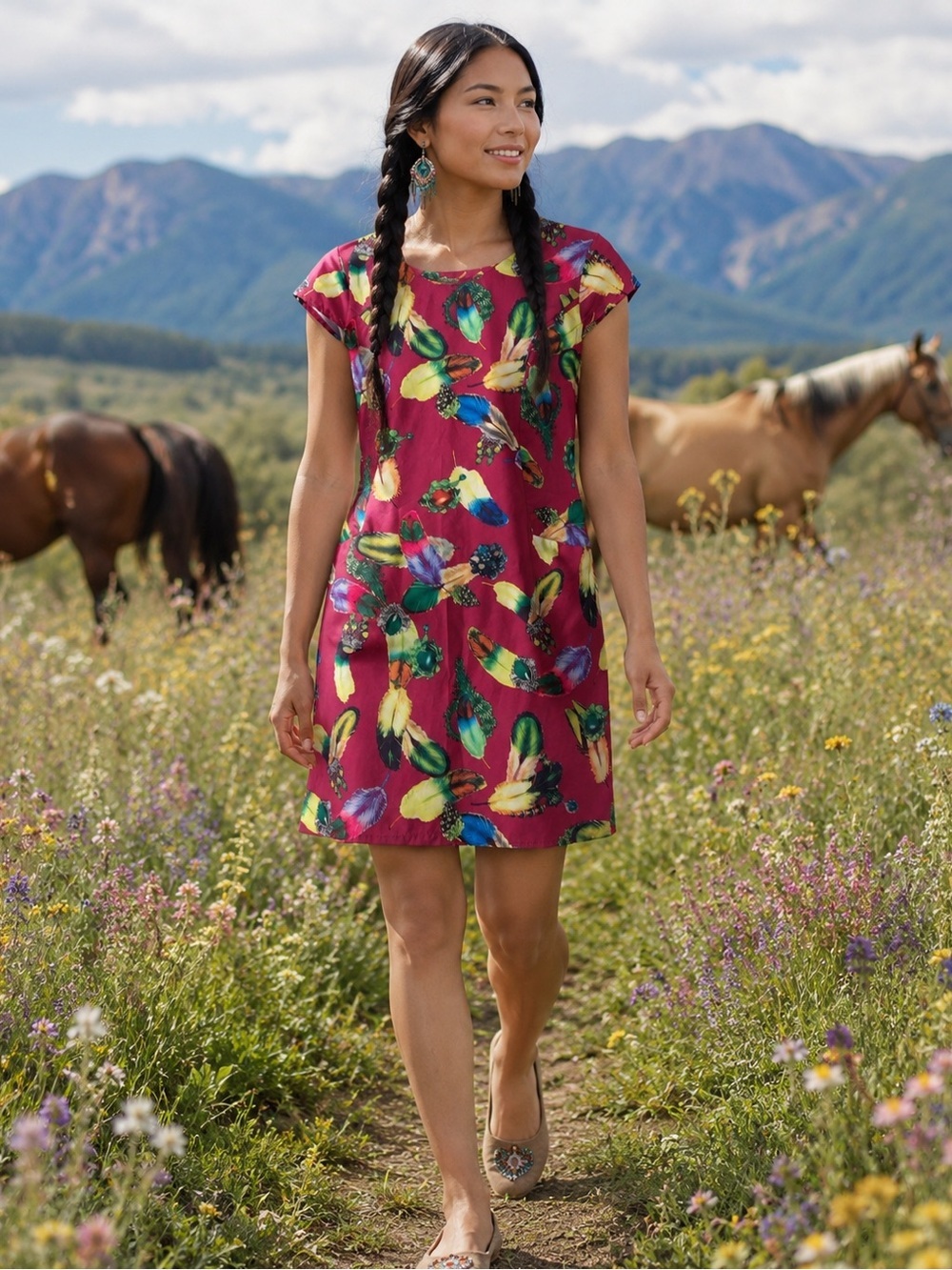 HLF NWOT Feather Print Shift Dress Side Zipper – Size MP